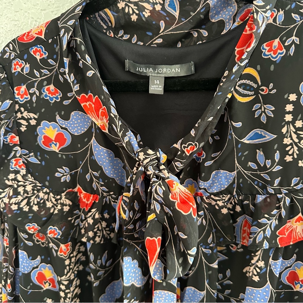 Romantic Floral Tie Neck Dress Black Sheer Sleeve Ruffle Boho - Size 14 - Picture 4 of 13